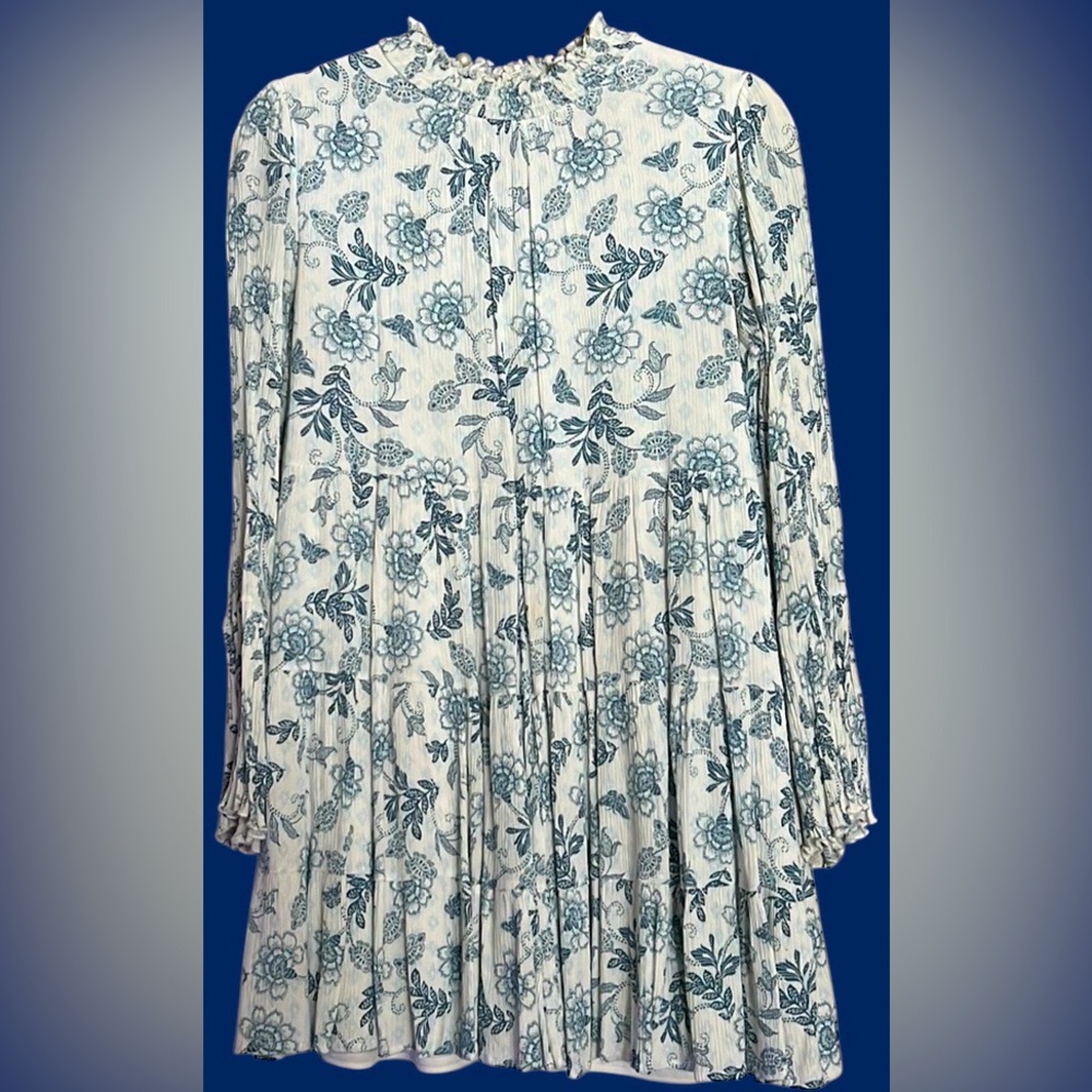 ALTAR’D STATE Dk Blue/Lt Blue/White Floral High Neck Tier Dress, Sz Medium, GUC.
